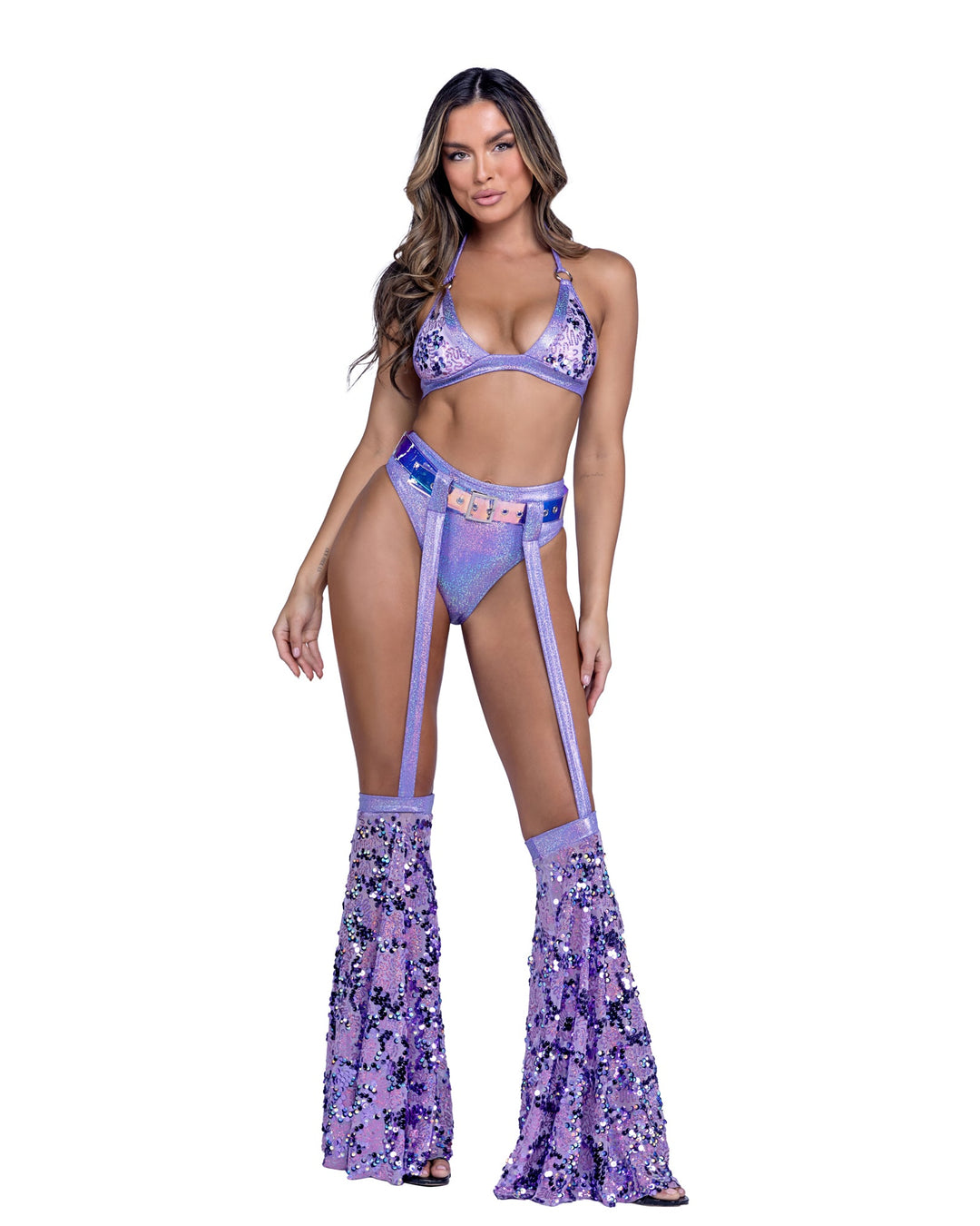  Vinyl Belt with Attached Sequin Bell Bottoms, RC-6425-Lav-O/S, Color, Lavender, Size, One Size