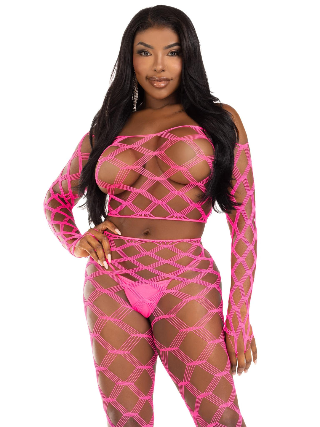 color_neon pink | Leg Avenue Never Say Never Crop Top and Tights Set