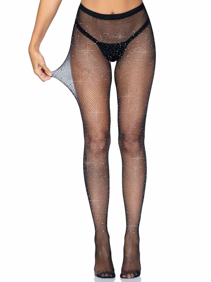 Rhinestone Fishnet Crotchless Pantyhose with Open Back