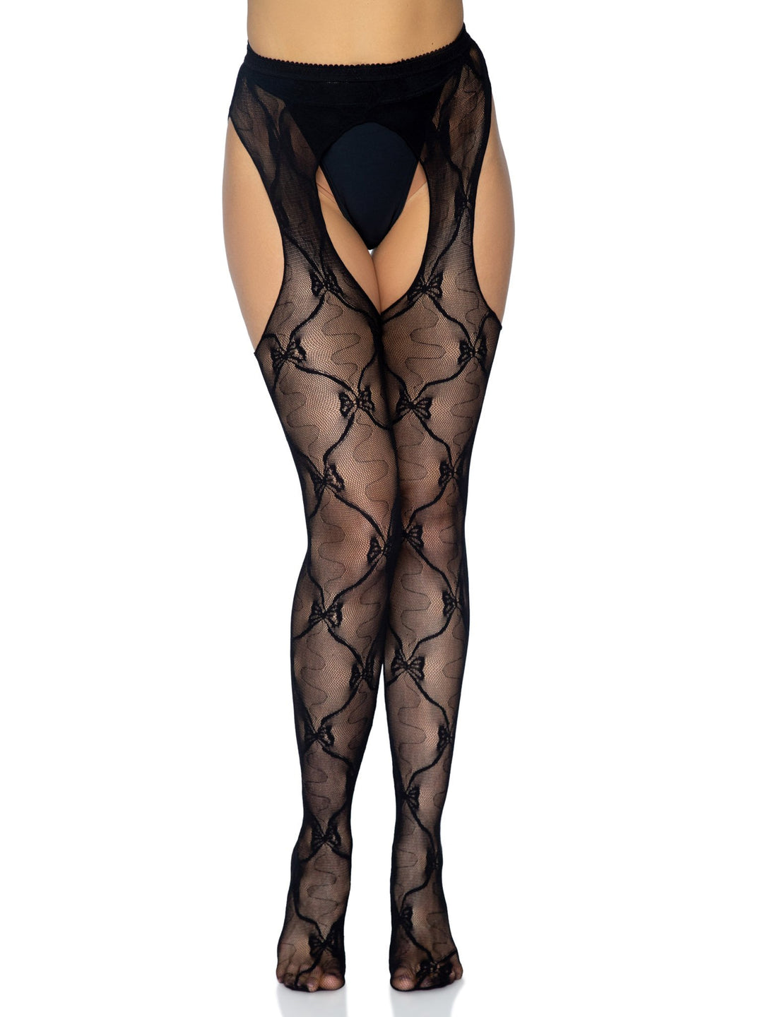 Sheer Suspender Pantyhose with Lace and Bow Accent