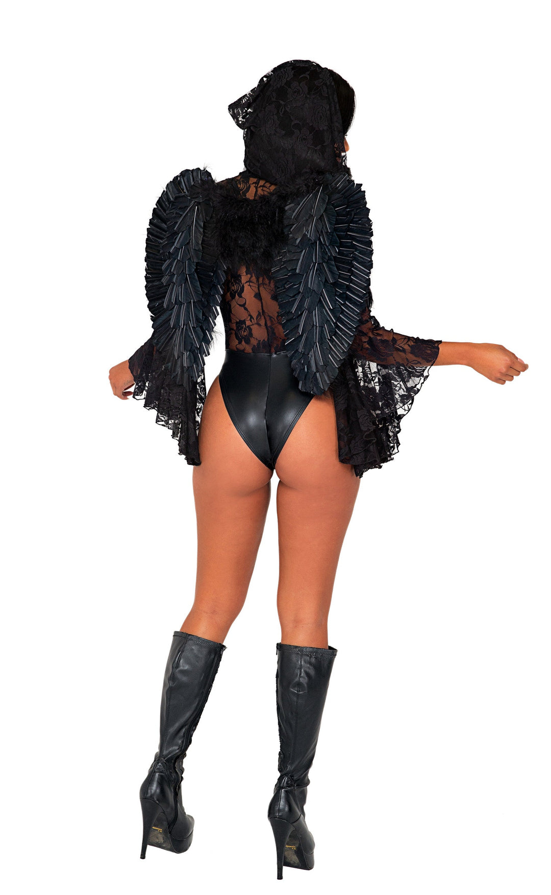Dark Angels Of Lust Plunging Neckline Bodysuit with Sheer Lace Bell Sleeves
