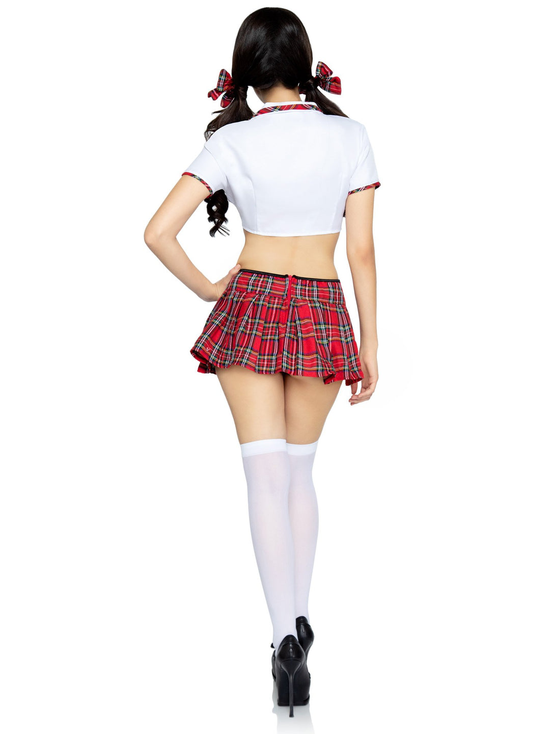 Prep School Girl Cropped Plaid Trim Top with Tie and Plaid Skirt