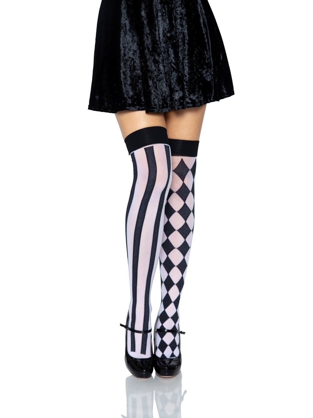 White Thigh High Stockings with Black Harlequin and Stripes Pattern