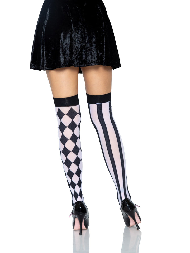 White Thigh High Stockings with Black Harlequin and Stripes Pattern