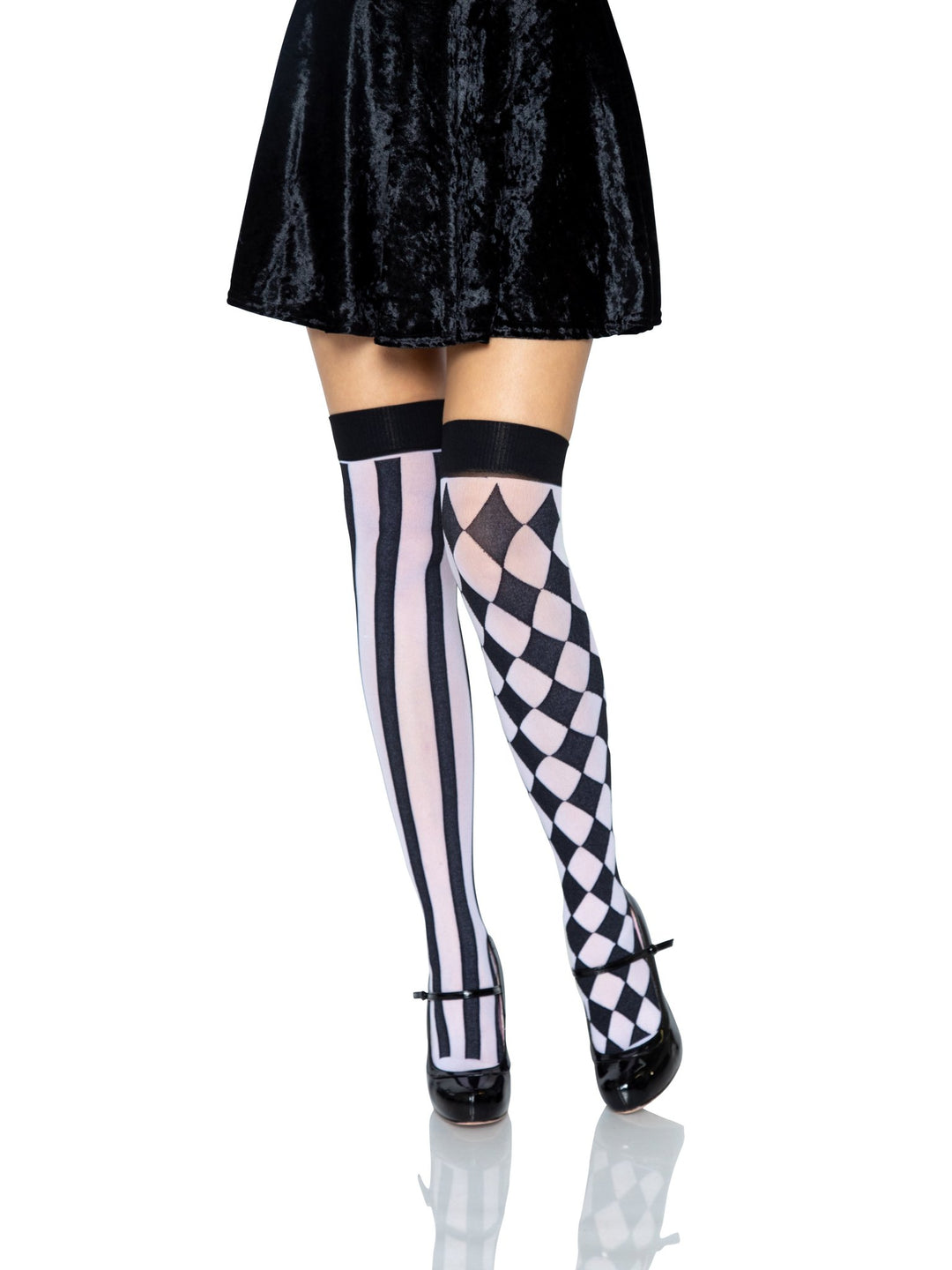 White Thigh High Stockings with Black Harlequin and Stripes Pattern