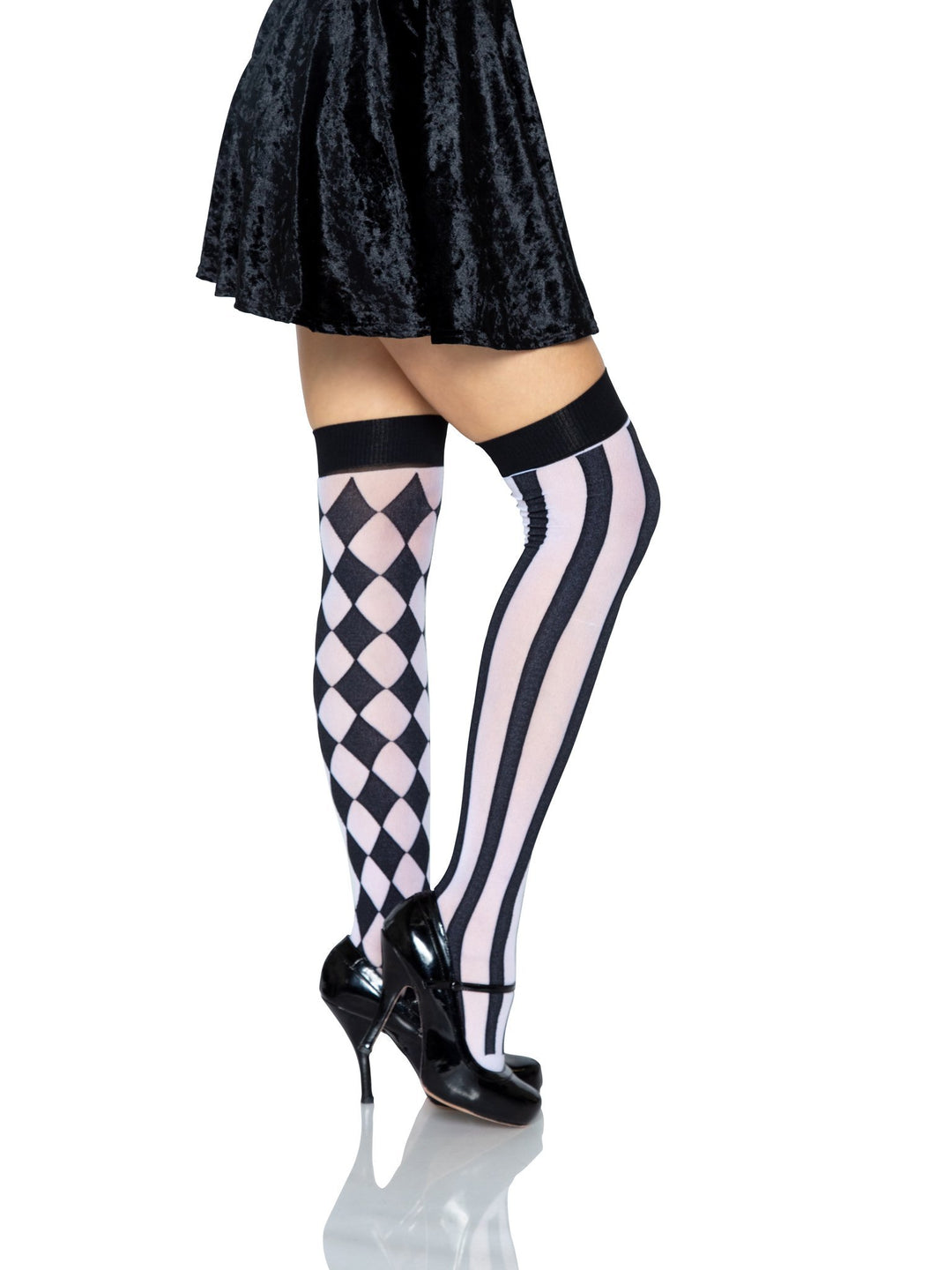 White Thigh High Stockings with Black Harlequin and Stripes Pattern