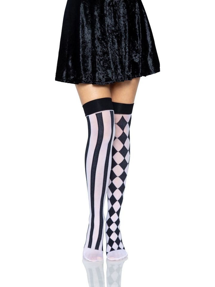 White Thigh High Stockings with Black Harlequin and Stripes Pattern