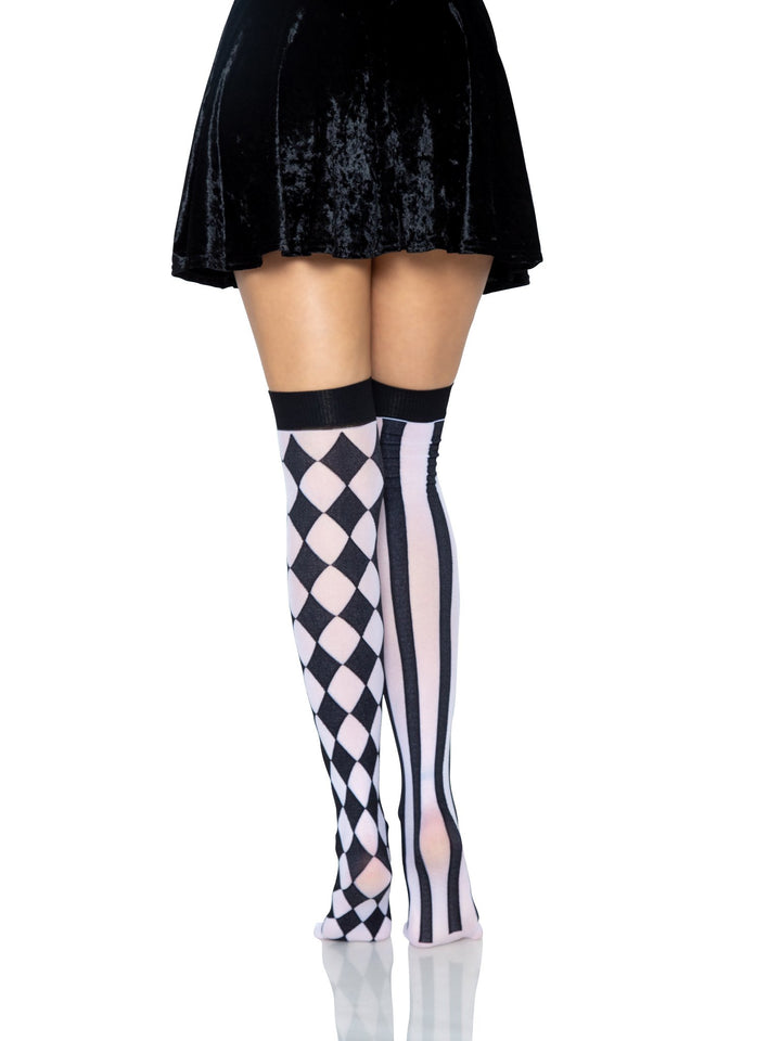 White Thigh High Stockings with Black Harlequin and Stripes Pattern