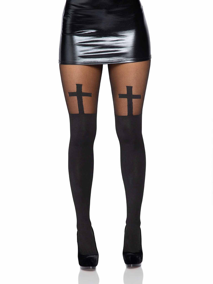 Opaque Pantyhose with Sheer Thigh and Opaque Cross Accent
