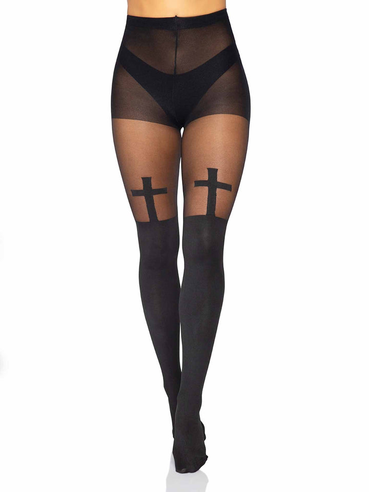 Opaque Pantyhose with Sheer Thigh and Opaque Cross Accent