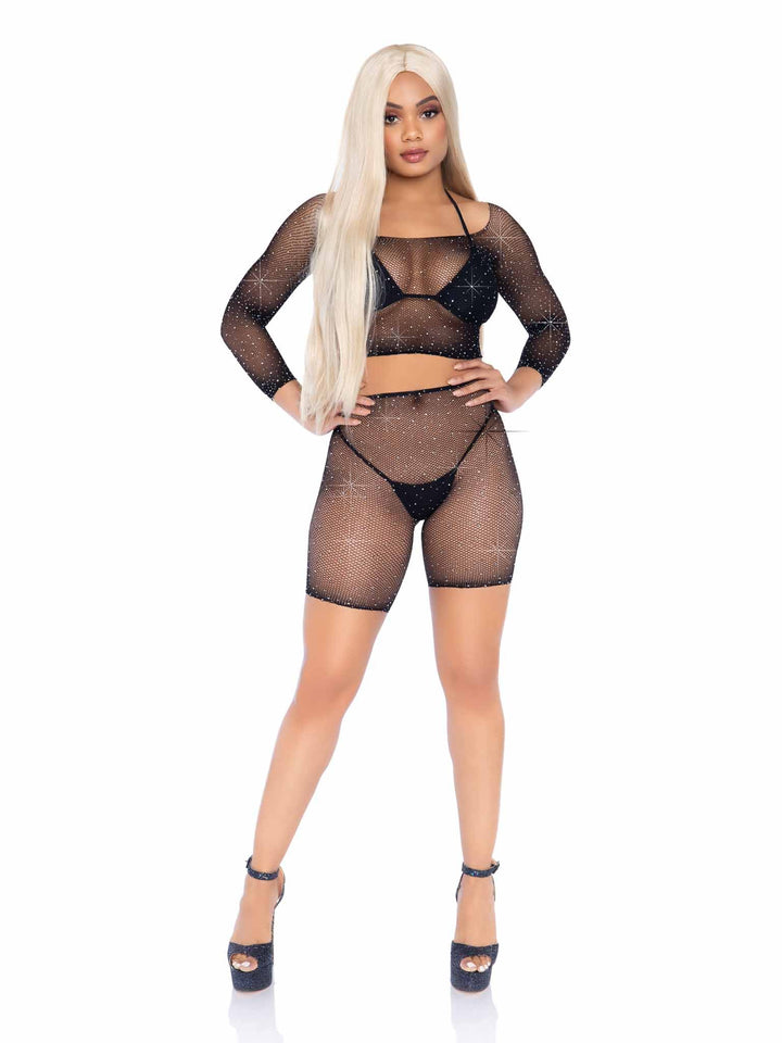 Fishnet Long Sleeve Crop Top and Fishnet Biker Shorts with Rhinestone Accents