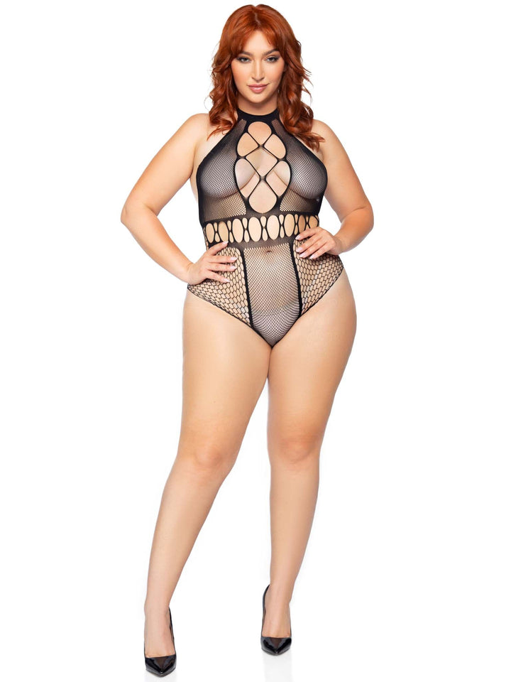 Multi Fishnet Bodysuit with T-Strap Halter and Cheeky Cut Bottom