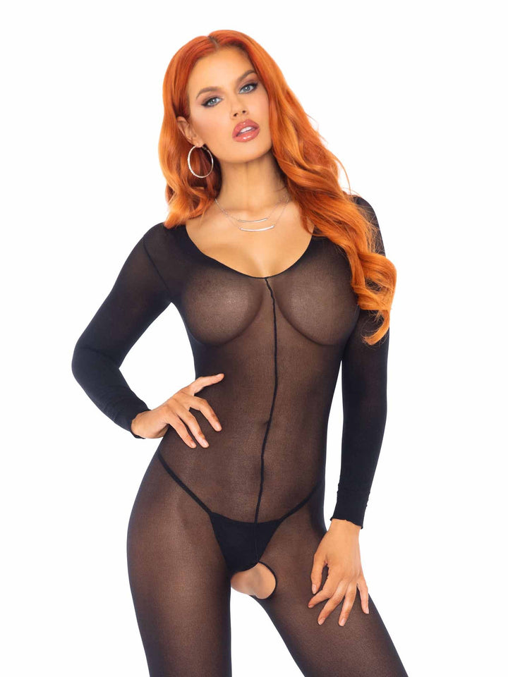 Sheer Long Sleeves Crotchless Bodystocking