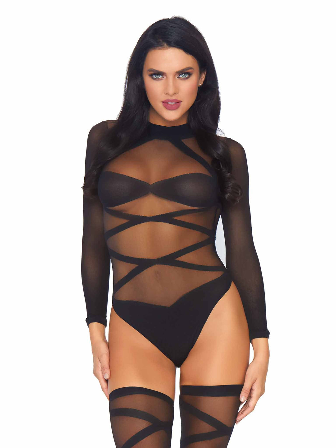 Sheer Bodysuit with Opaque Pattern and Sheer Stockings with Opaque Pattern