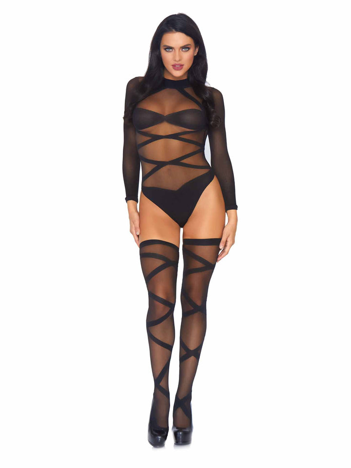 Sheer Bodysuit with Opaque Pattern and Sheer Stockings with Opaque Pattern