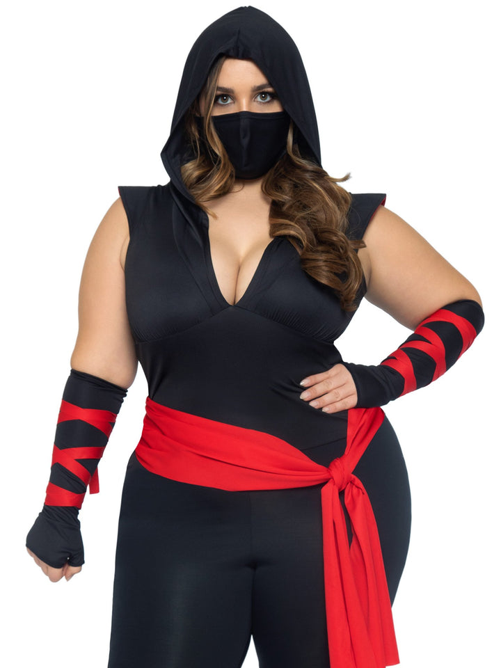 Deadly Ninja Hooded Plunging Plus Catsuit with Attached Leg Wraps and Mask