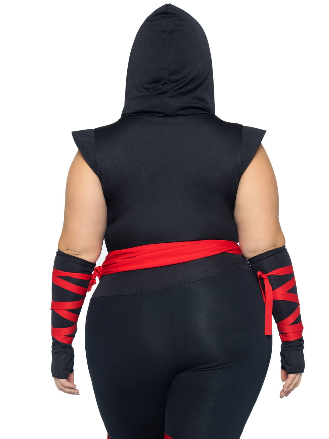 Deadly Ninja Hooded Plunging Plus Catsuit with Attached Leg Wraps and Mask