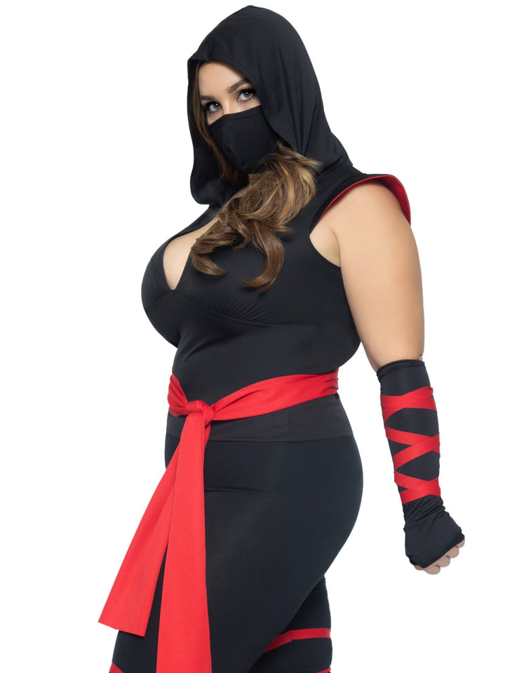 Deadly Ninja Hooded Plunging Plus Catsuit with Attached Leg Wraps and Mask