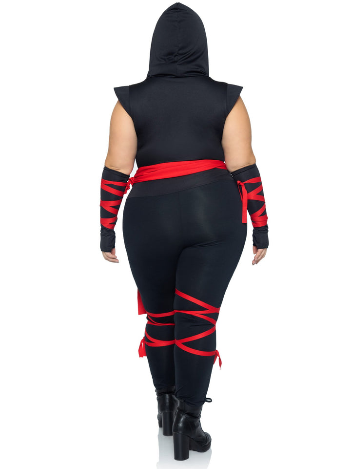 Deadly Ninja Hooded Plunging Plus Catsuit with Attached Leg Wraps and Mask