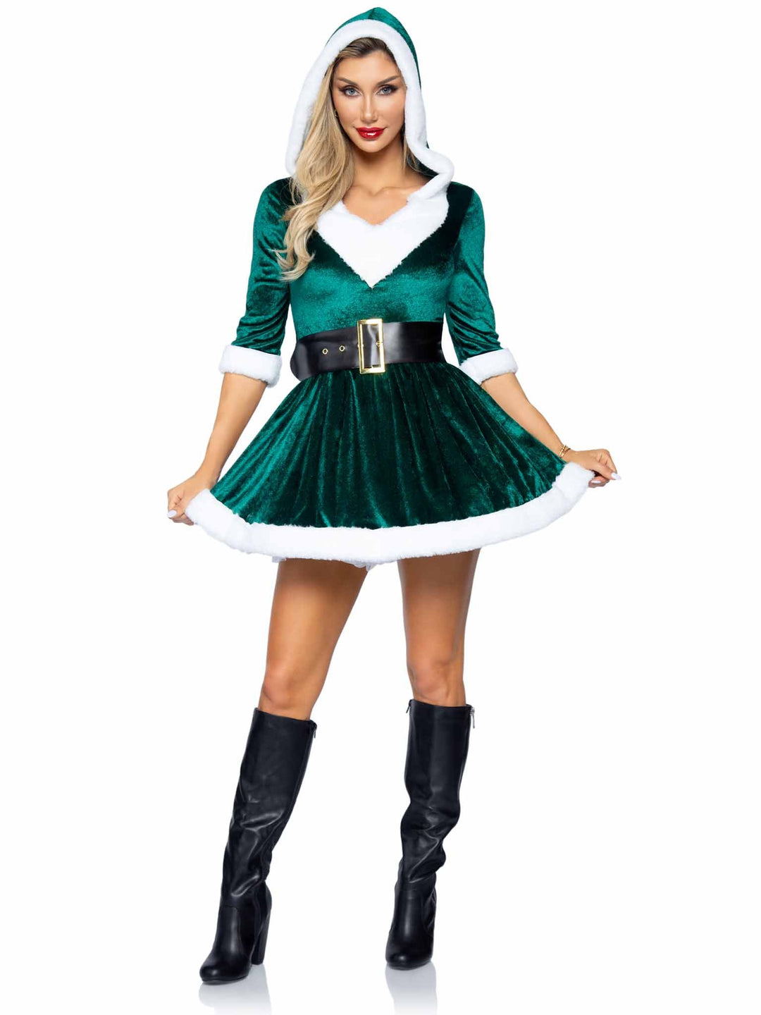 Sexy Mrs. Claus V-Neck Velvet hooded Dress and Belt