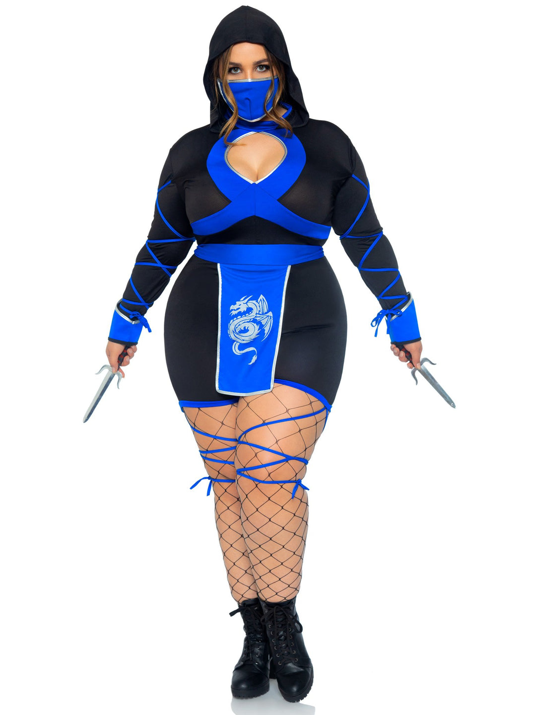 Dragon Ninja Hooded Keyhole Plus Romper with Sash and Face Mask