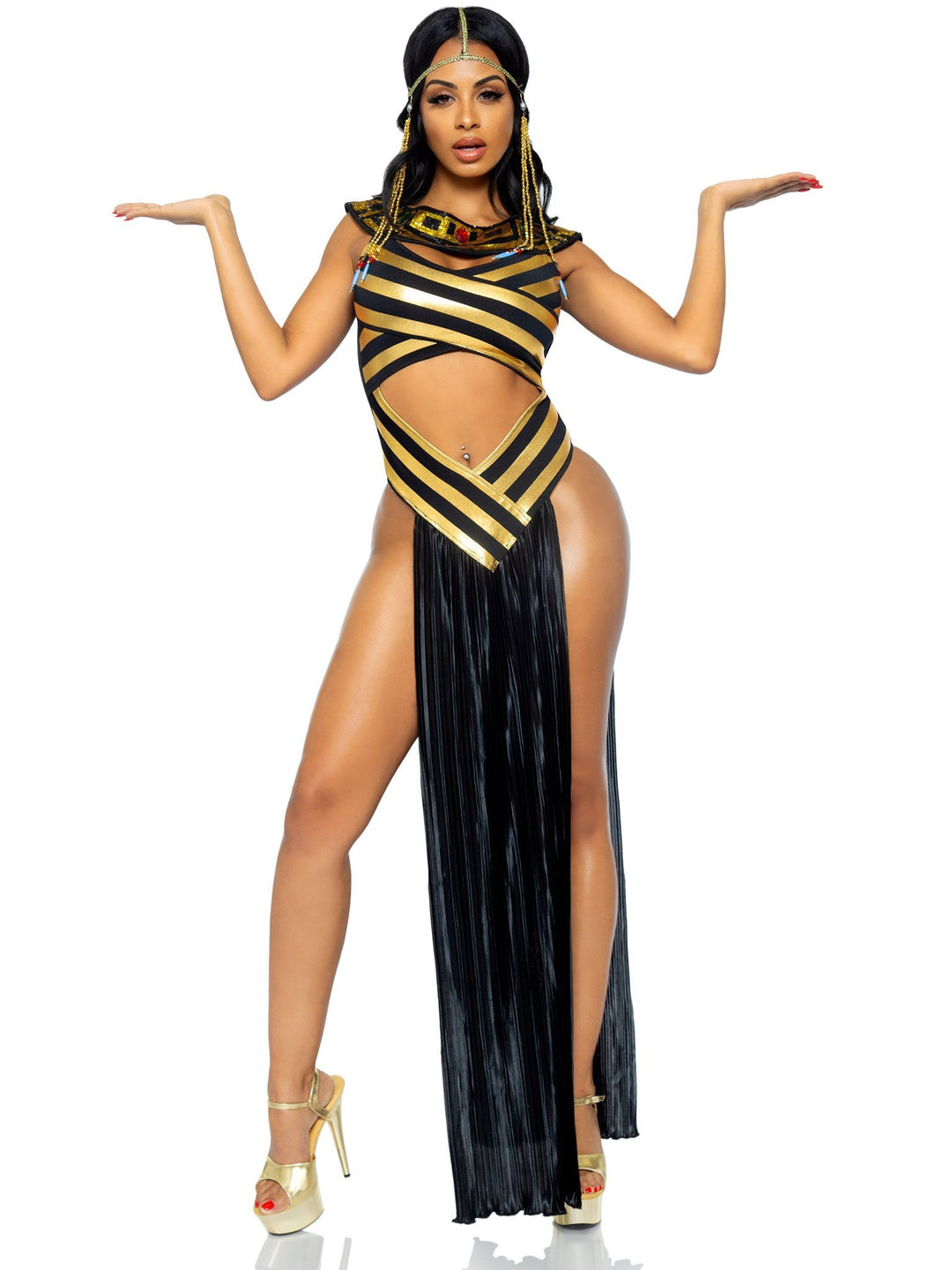 Nile Queen Metallic Gold Catsuit with Cut-out Over Dress and Headpiece