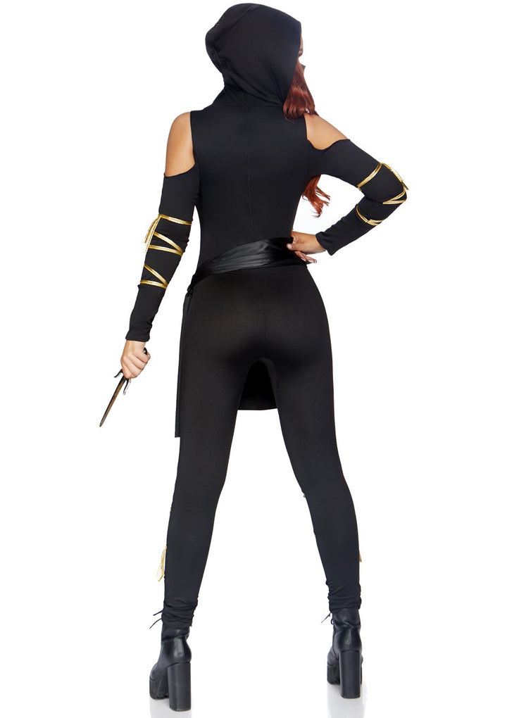 Stealth Ninja Hooded Catsuit with Waist Sash and Face Mask