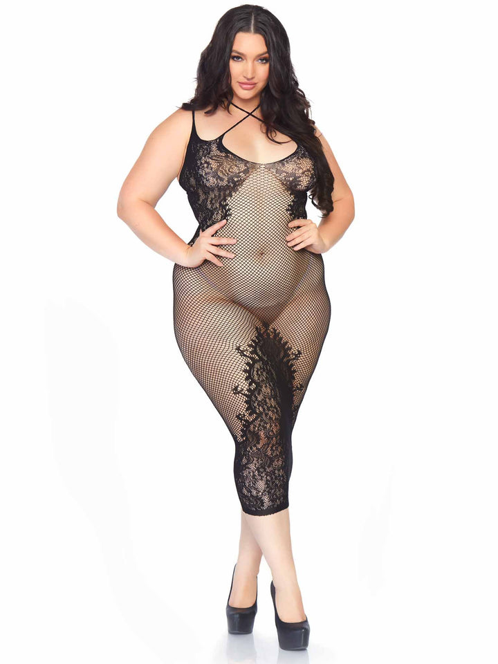 Seamless Fishnet Halter Dress with Lace Details and Faux Lace Up Back