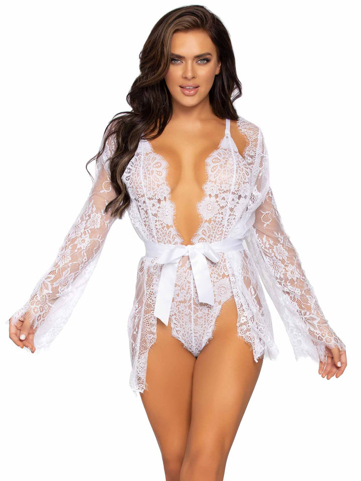 Floral Lace Teddy with Scallop Trim Robe and Satin Tie