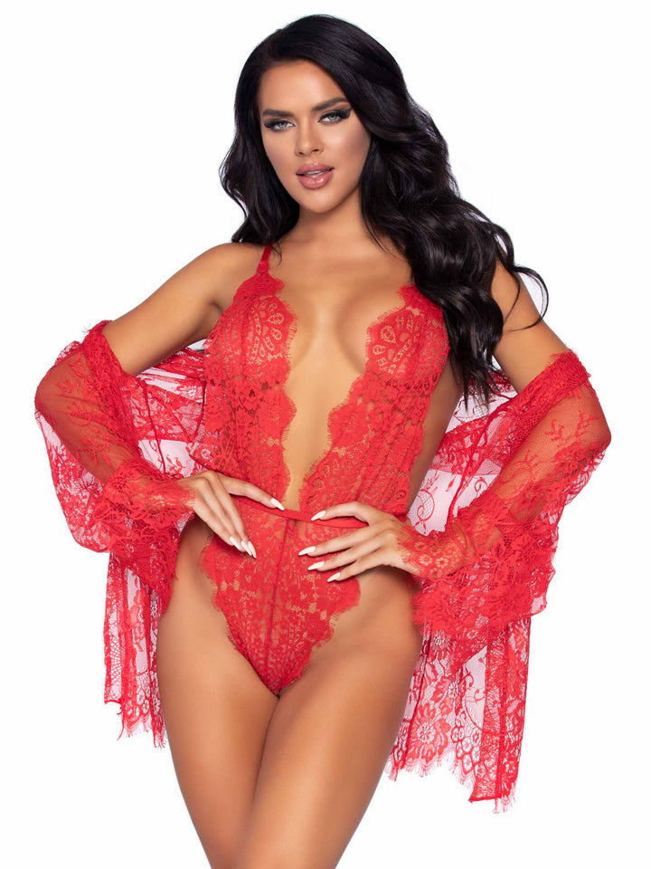 Floral Lace Teddy with Scallop Trim Robe and Satin Tie