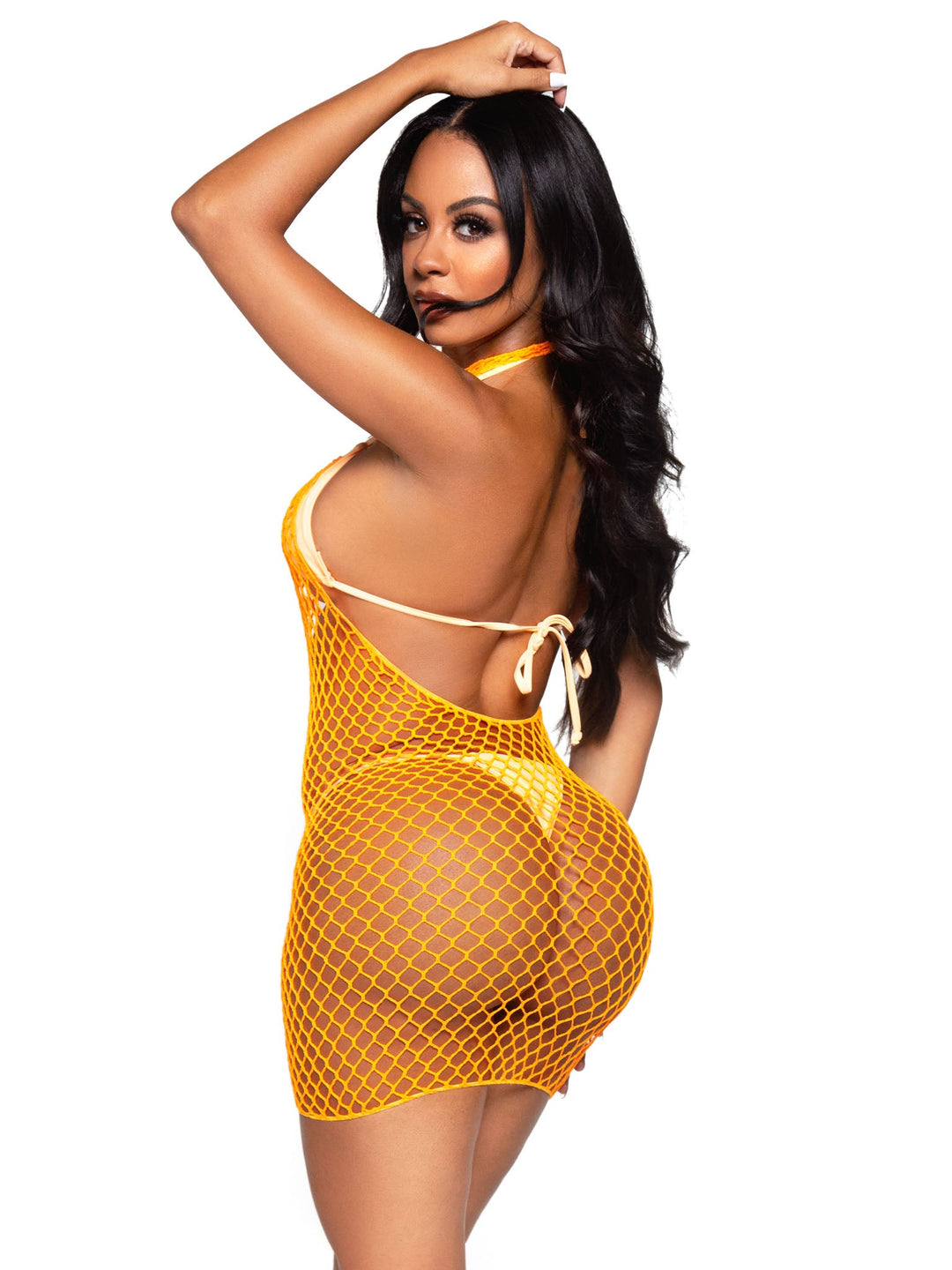 Sexy Open Back Twisted Fishnet Halter Mini Dress