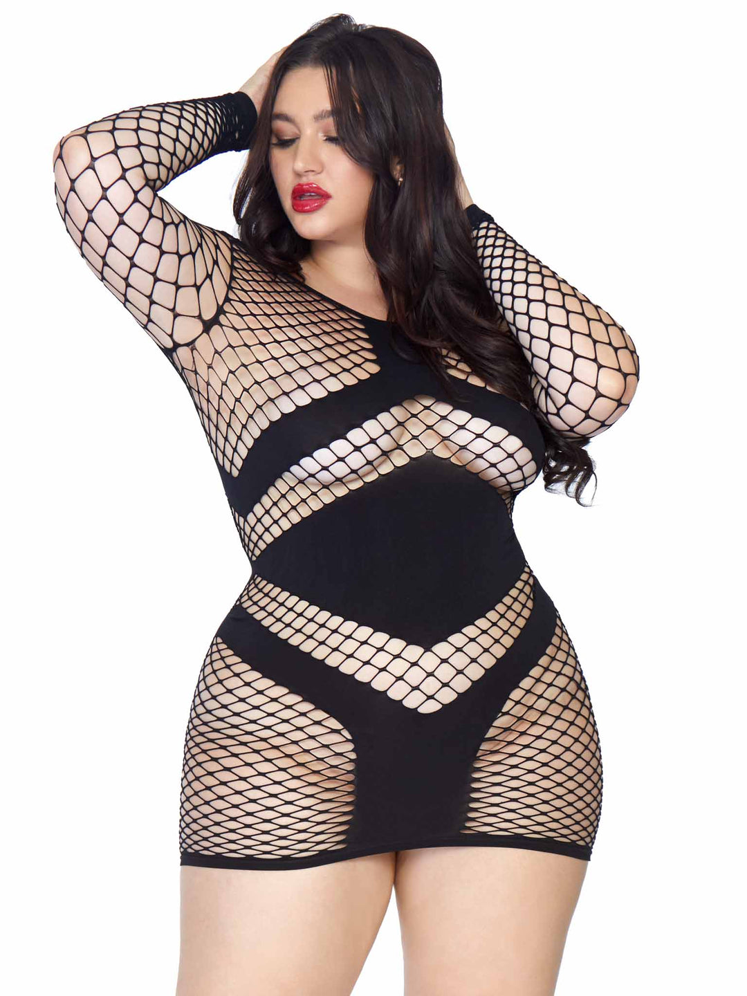 Diamond Fishnet Long Sleeved Plus Size Dress with Opaque Panel Accents