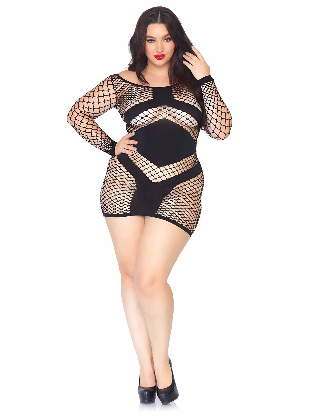 Diamond Fishnet Long Sleeved Plus Size Dress with Opaque Panel Accents