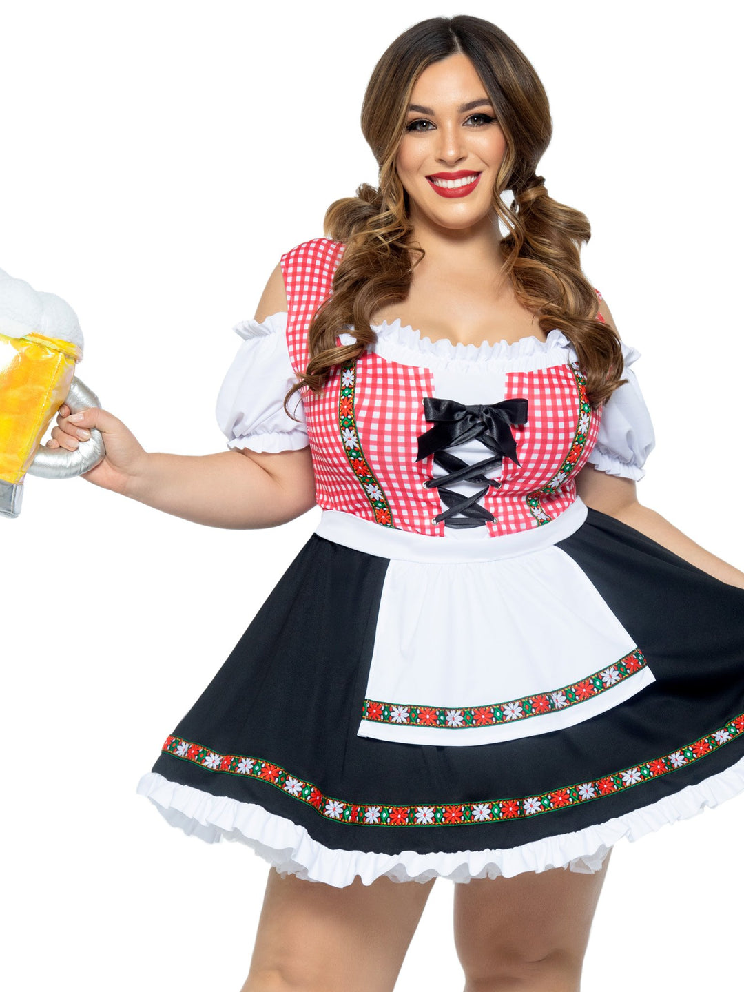 Beer Garden Babe Gingham Peasant Lace Up Front Plus Dress and Attached Apron