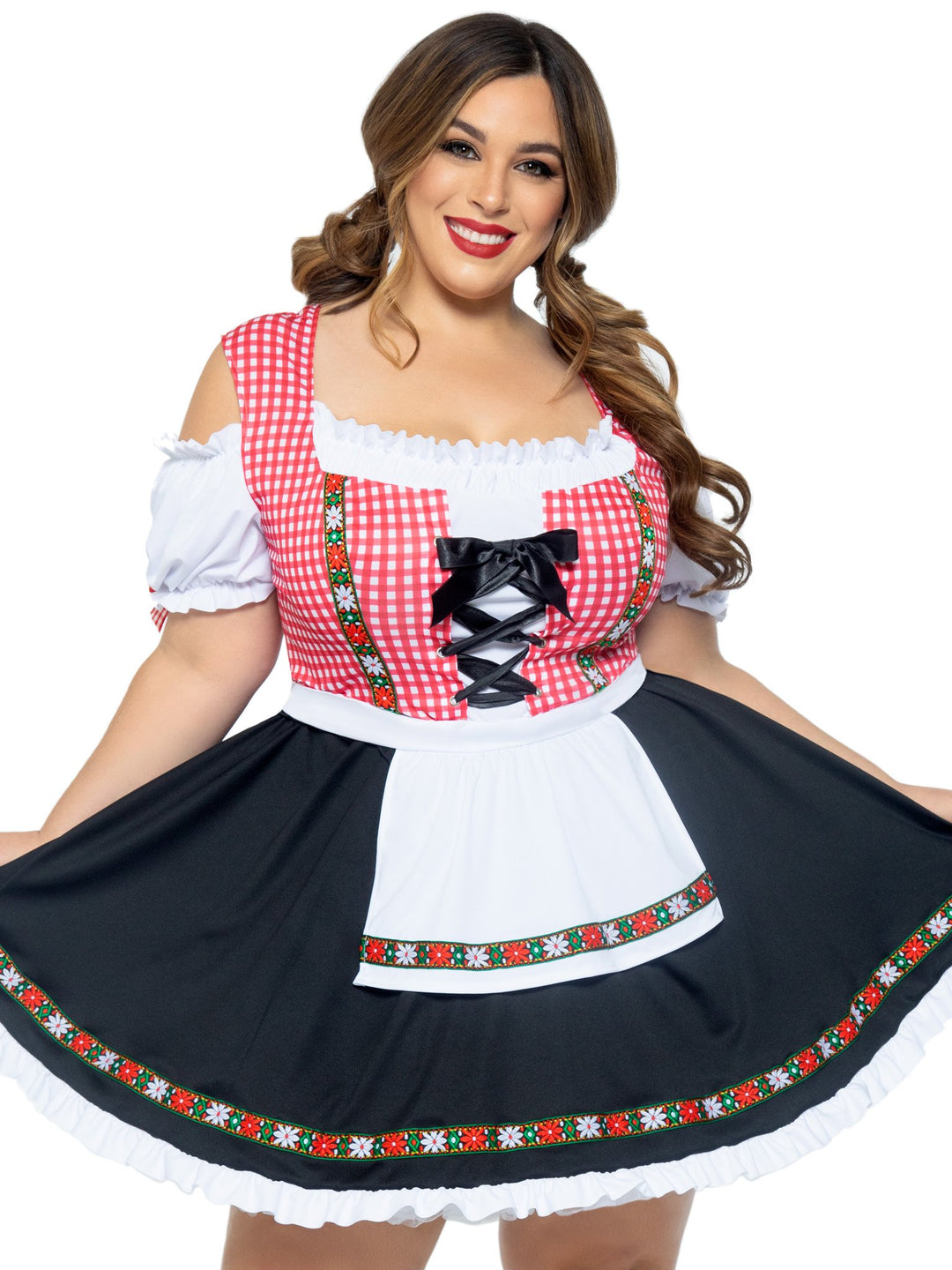 Beer Garden Babe Gingham Peasant Lace Up Front Plus Dress and Attached Apron