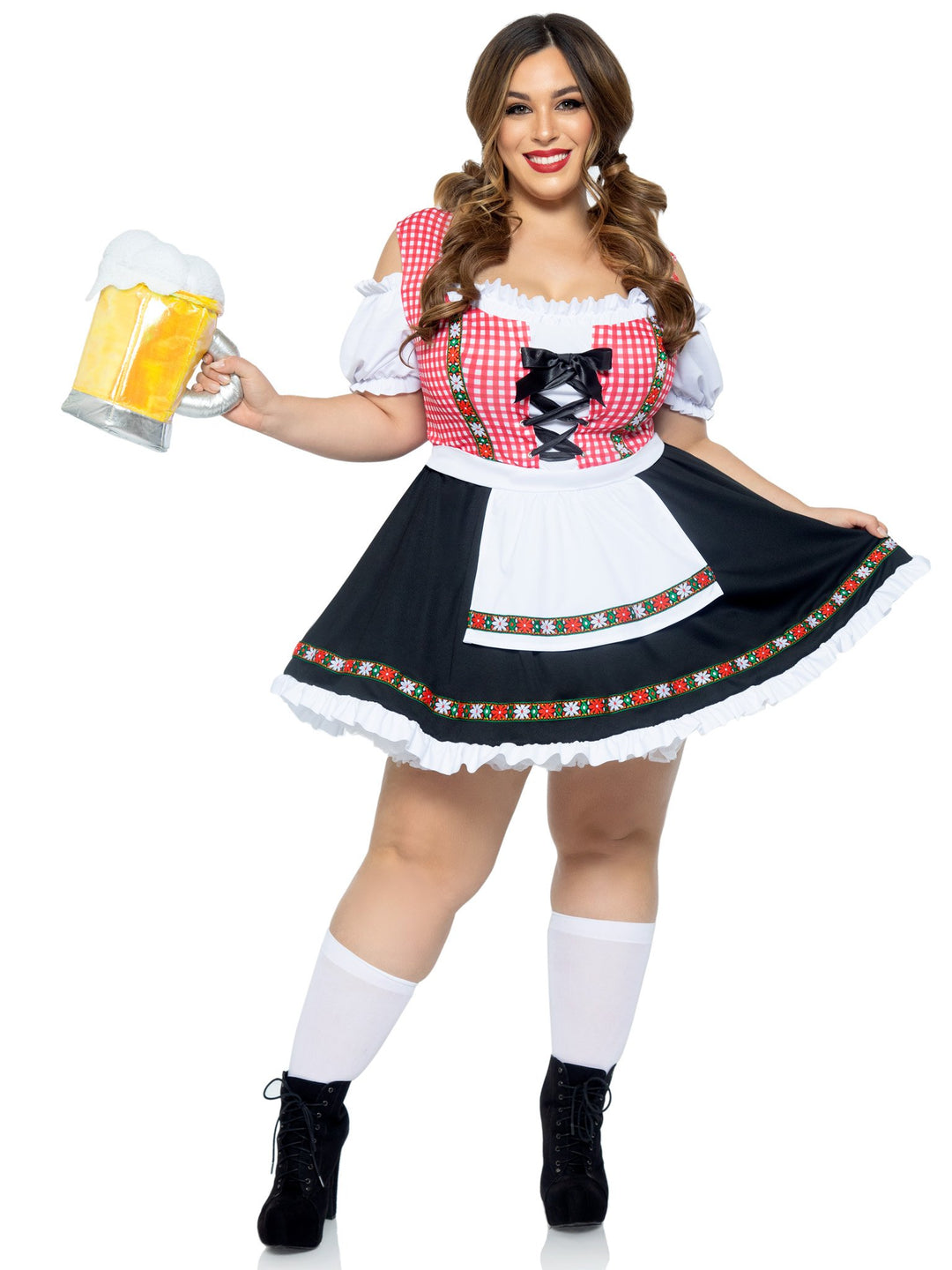 Beer Garden Babe Gingham Peasant Lace Up Front Plus Dress and Attached Apron