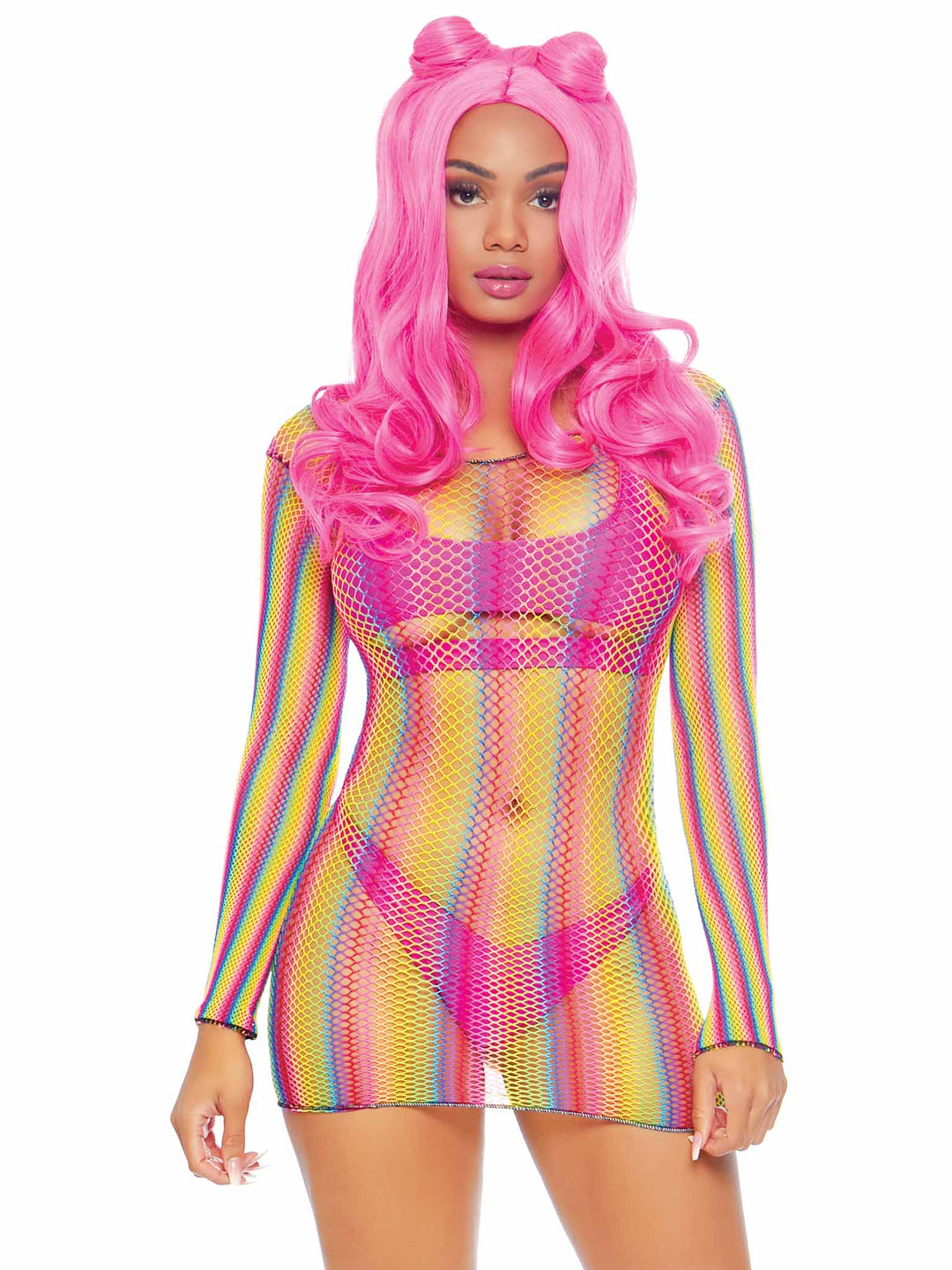 Sexy Vertical Neon Rainbow Fishnet Long Sleeved Mini Dress