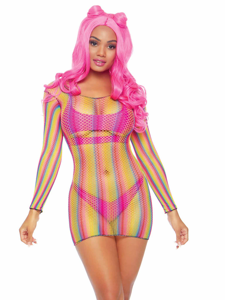 Sexy Vertical Neon Rainbow Fishnet Long Sleeved Mini Dress