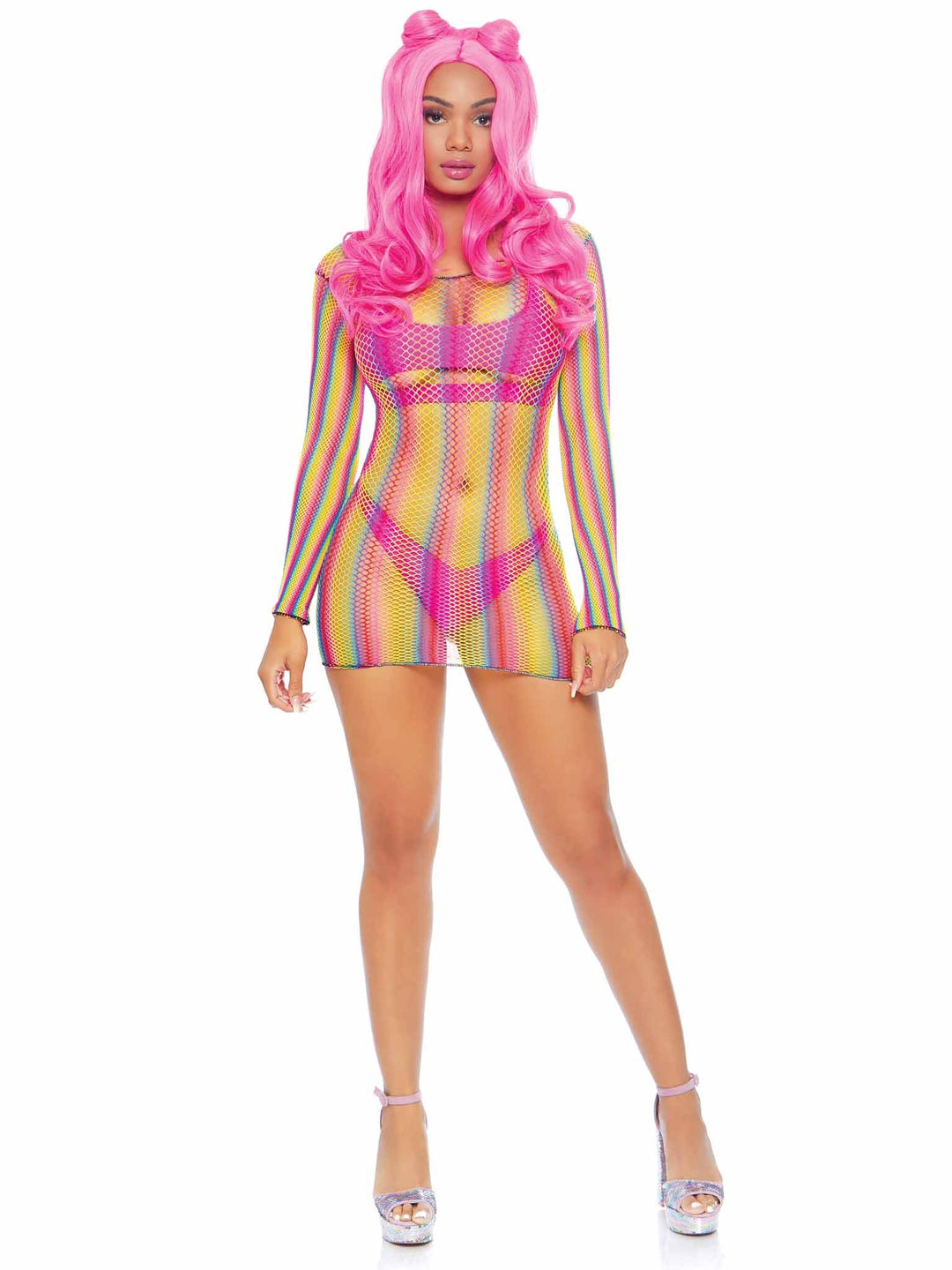 Sexy Vertical Neon Rainbow Fishnet Long Sleeved Mini Dress