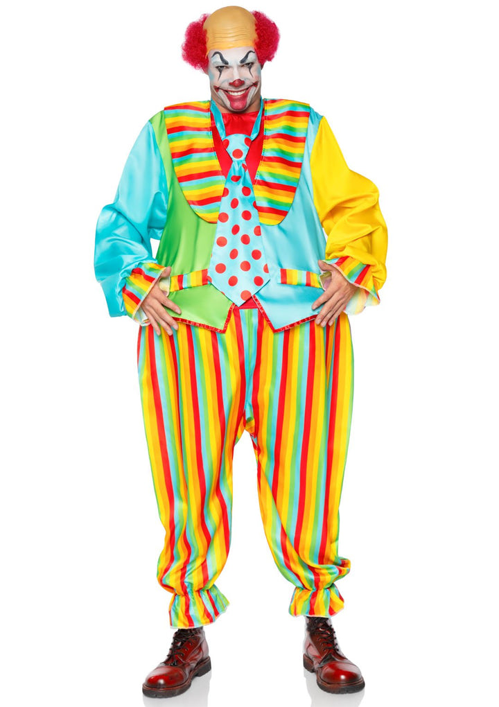 Circus Clown Satin Striped Ringed Waist Jumpsuit and Oversize Tie Men's Costume