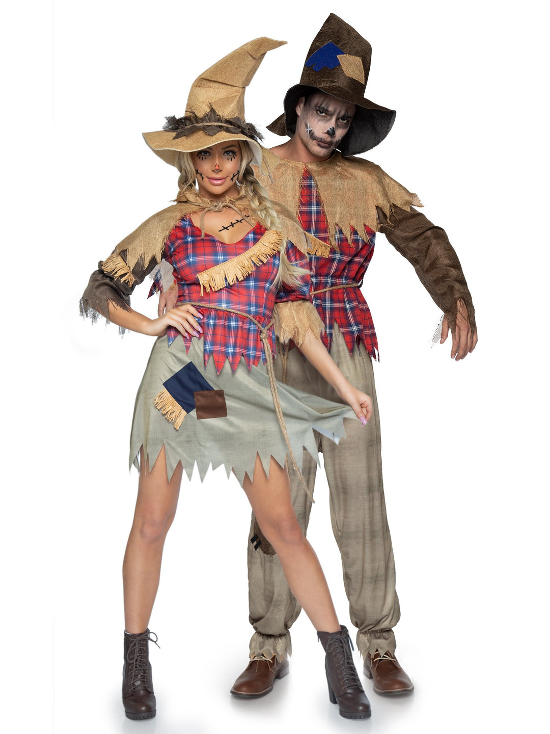 Scarecrow Patchwork Straw Accent Dress with Burlap Shawl and Hat