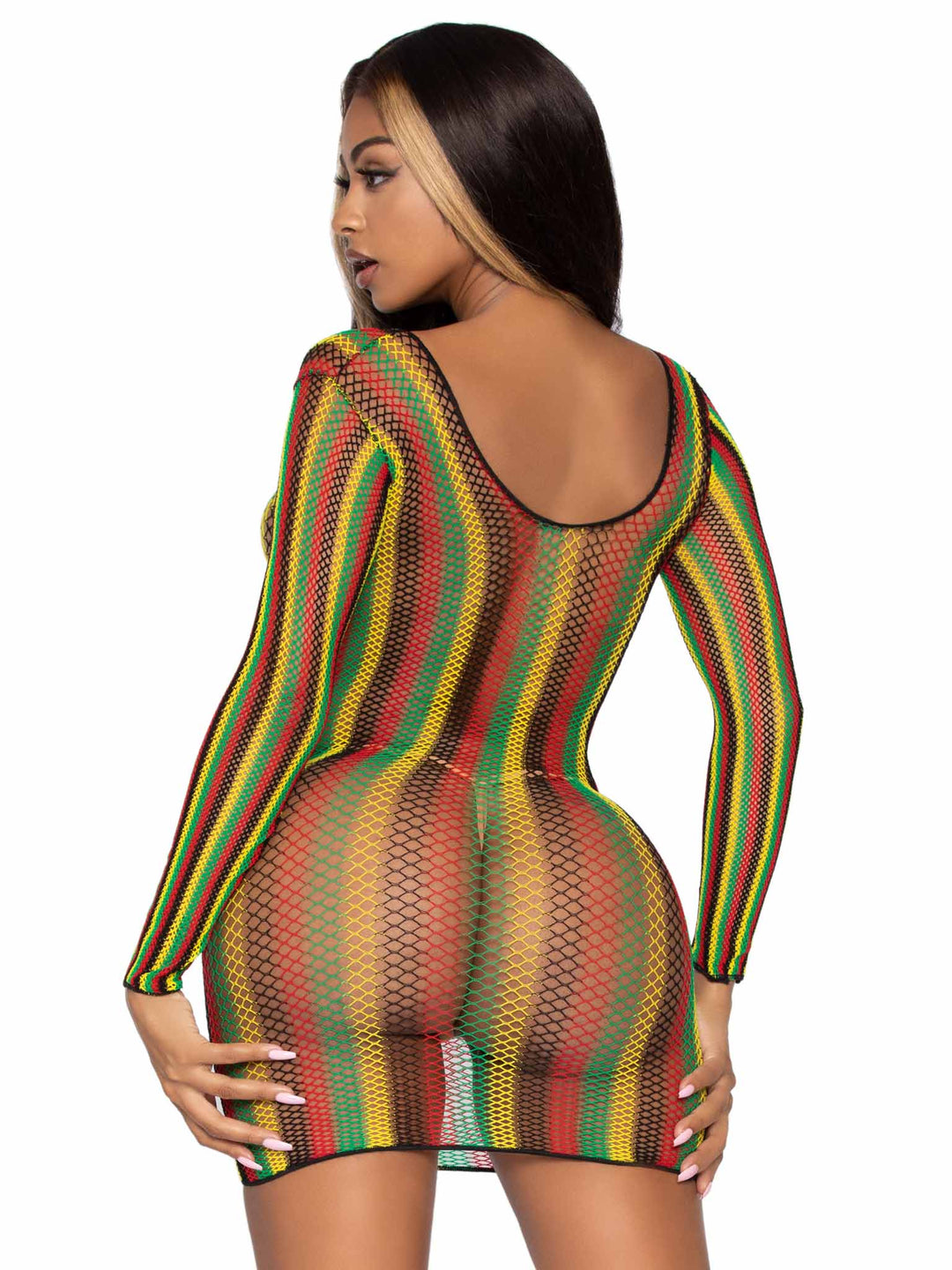 Rasta Pattern Fishnet Long Sleeve Mini Dress