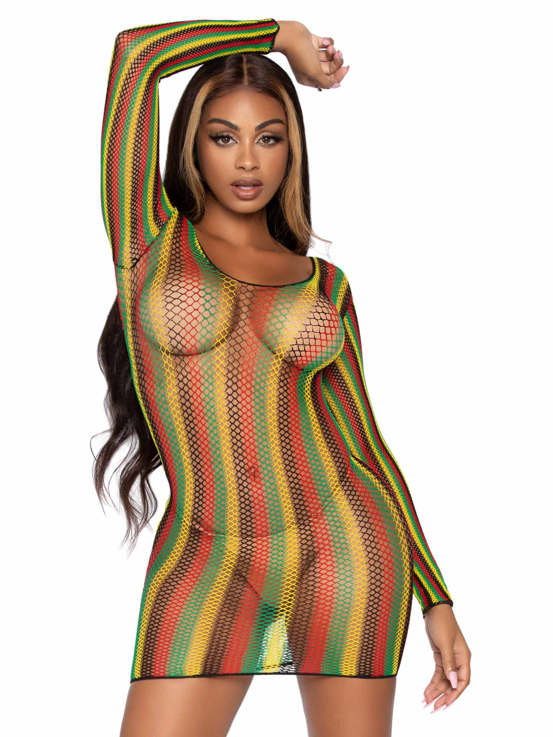 Rasta Pattern Fishnet Long Sleeve Mini Dress