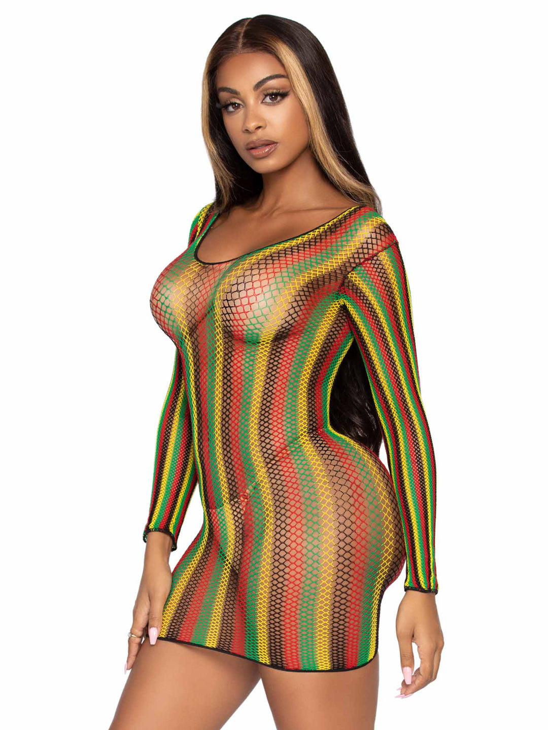 Rasta Pattern Fishnet Long Sleeve Mini Dress