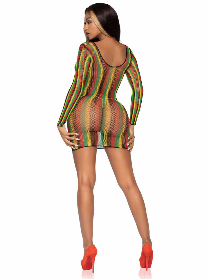 Rasta Pattern Fishnet Long Sleeve Mini Dress