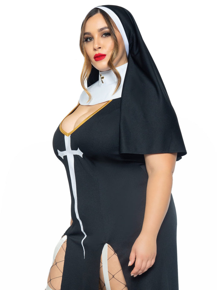 Sultry Sinner Nun Slit Garter Plus Dress with Vinyl Cross Detail and Nun Habit