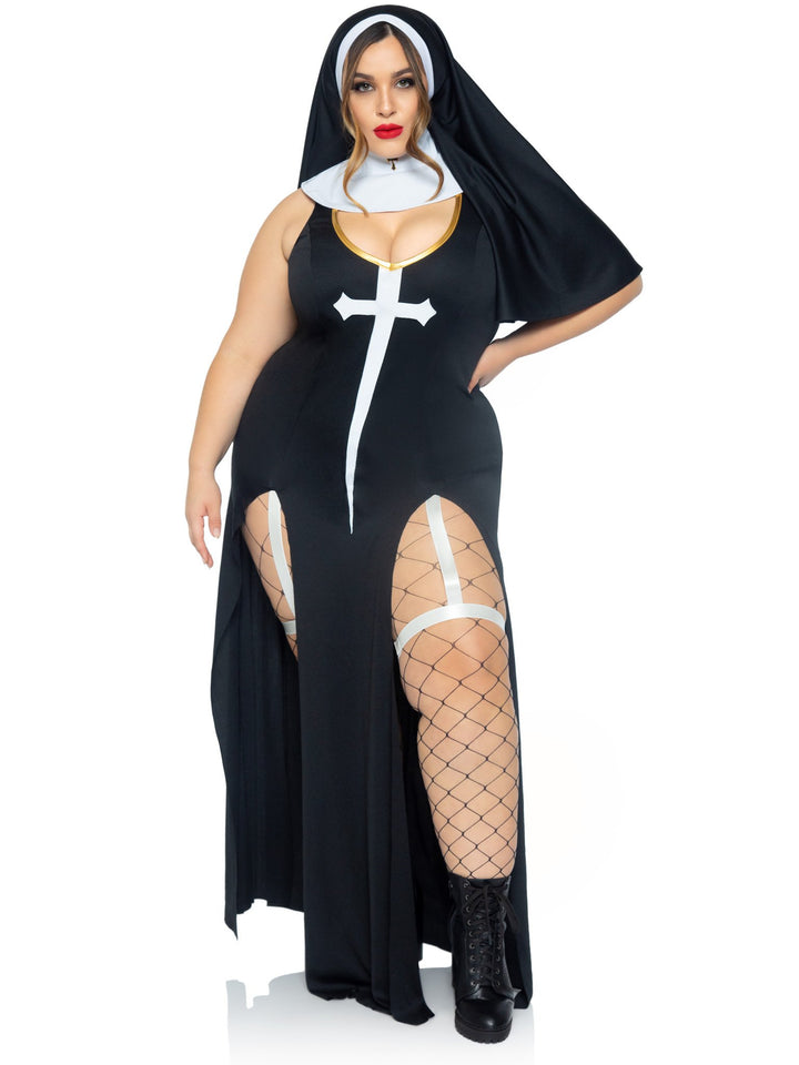 Sultry Sinner Nun Slit Garter Plus Dress with Vinyl Cross Detail and Nun Habit