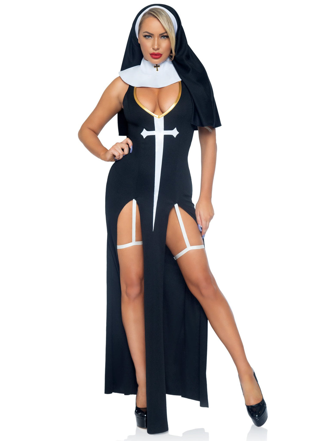Sultry Sinner Nun Slit Garter Dress with Vinyl Cross Detail and Nun Habit
