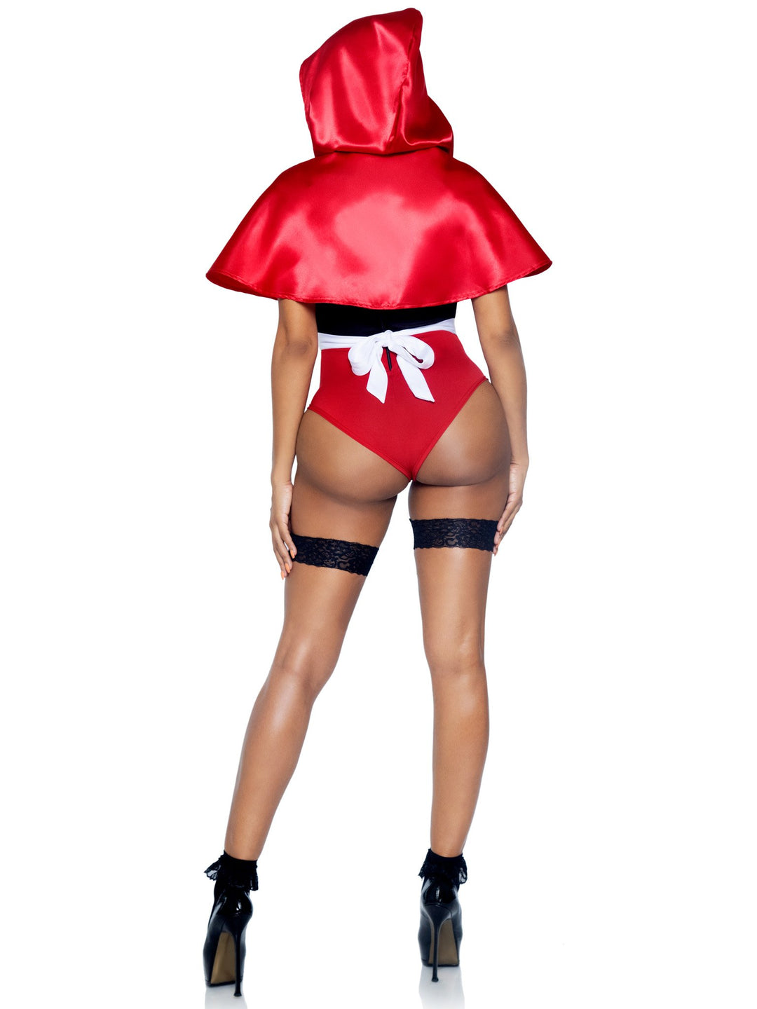 Sexy Red Riding Hood Lacy Garter Bodysuit with Hooded Cape and Apron