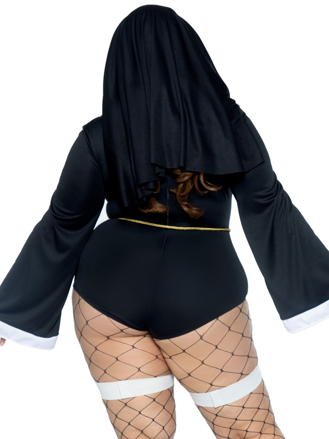 Sister Sin Nun Bell Sleeve Plus Bodysuit with Garter Leg Straps and Hat Headband